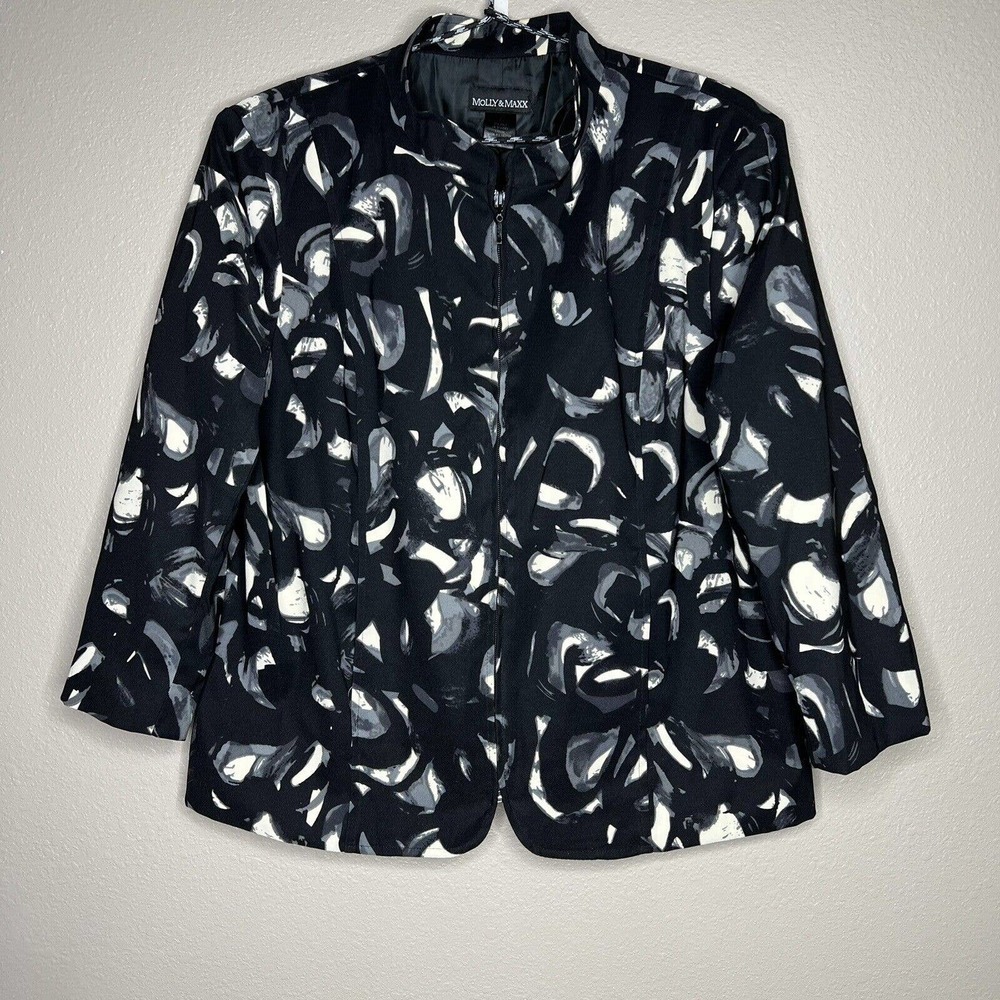 Molly & MaXX Women's Black & White Full Zip 3/4 Sleeve Stretch Jacket Sz L